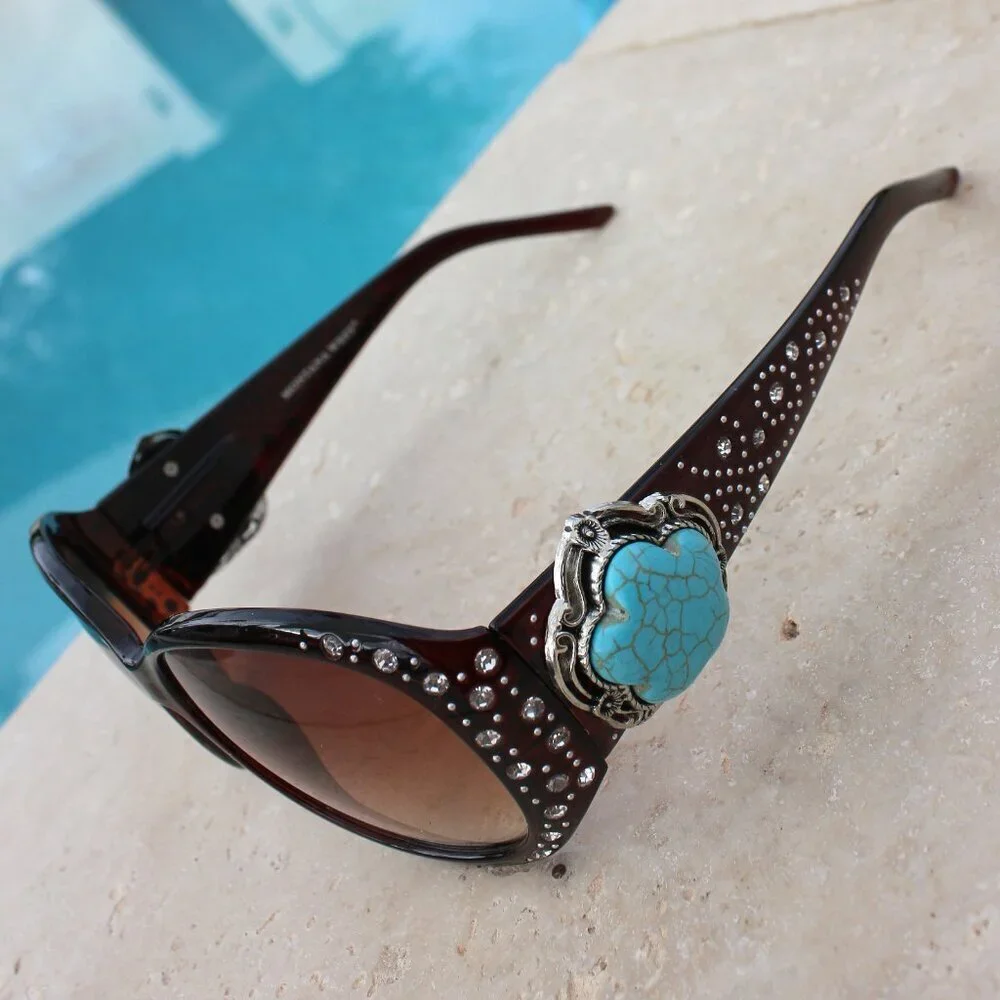 Montana West Sunglasses in Coffee w/Turquoise Flower Concho Accents